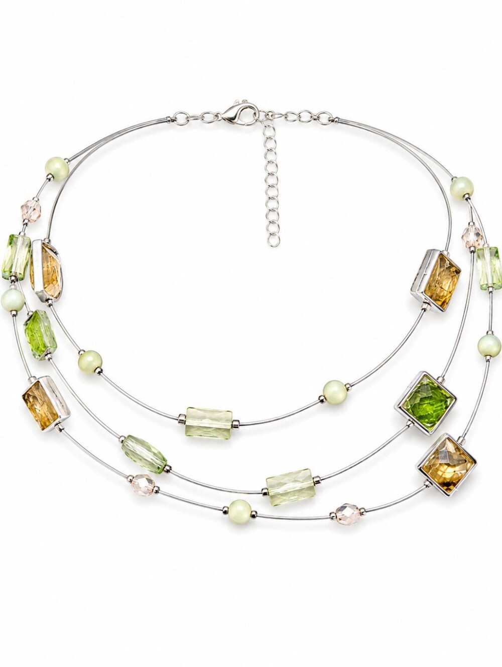 Multi-Strand Illusion Necklace Green Square Crystal Round Beads Statement Jewelr